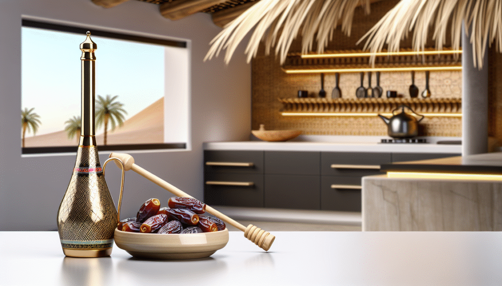 alt_text: A vibrant kitchen scene showcasing date syrup, fresh dates, and Persian cooking utensils.