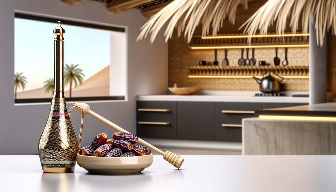 alt_text: A vibrant kitchen scene showcasing date syrup, fresh dates, and Persian cooking utensils.