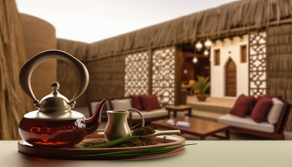 alt_text: A serene scene featuring a Persian teapot and Kark tea leaves, rich colors, and elegant typography.