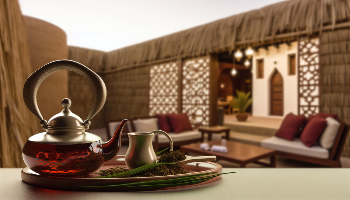 alt_text: A serene scene featuring a Persian teapot and Kark tea leaves, rich colors, and elegant typography.