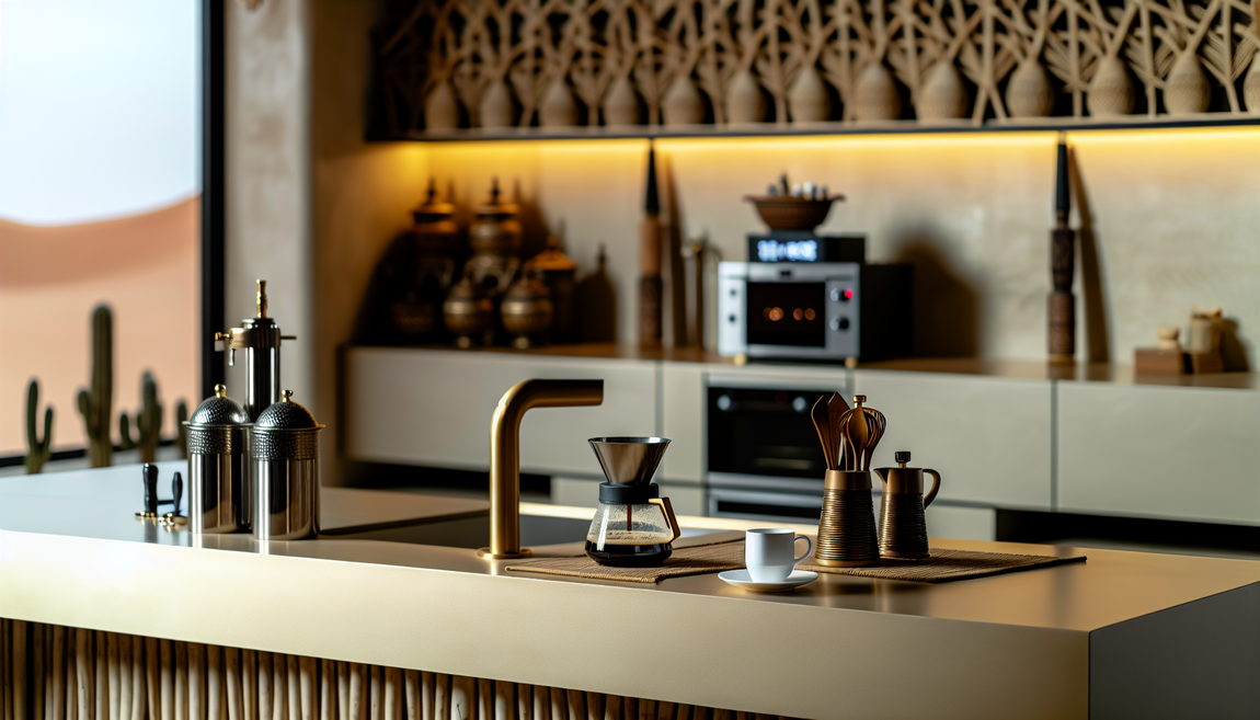 alt_text: Warm coffee brewing setup with tools, a steaming cup, and cozy kitchen vibes for a guidebook.