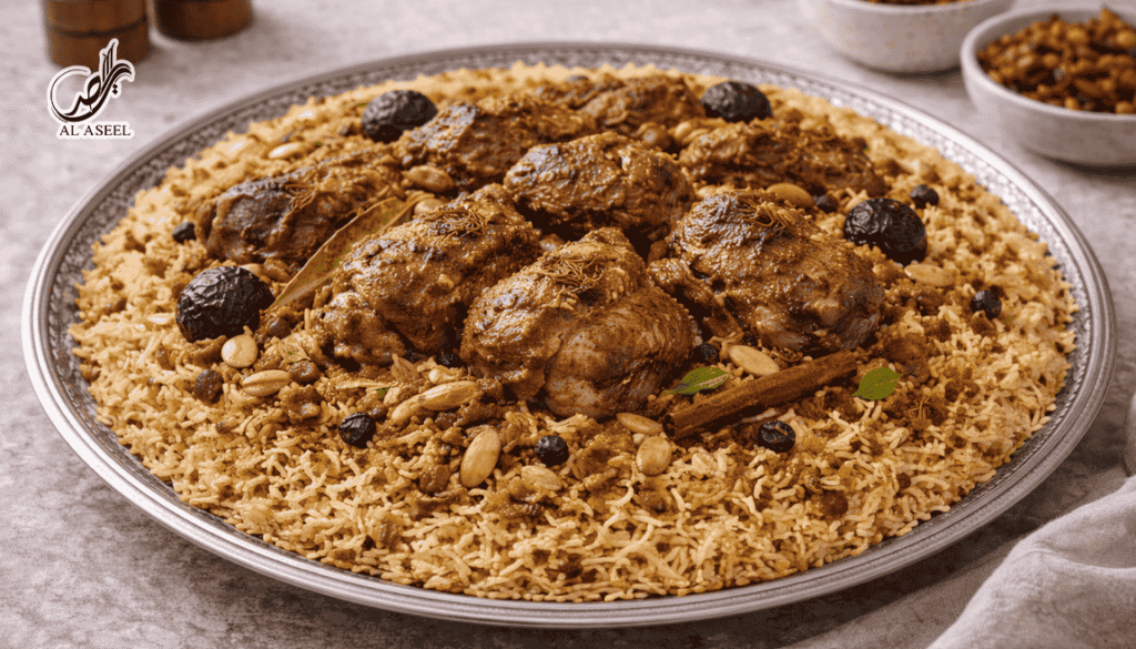 مجبوس گوشت عربی اصیل با برنج معطر و گوشت گوسفندی پخته‌شده به سبک جنوبی