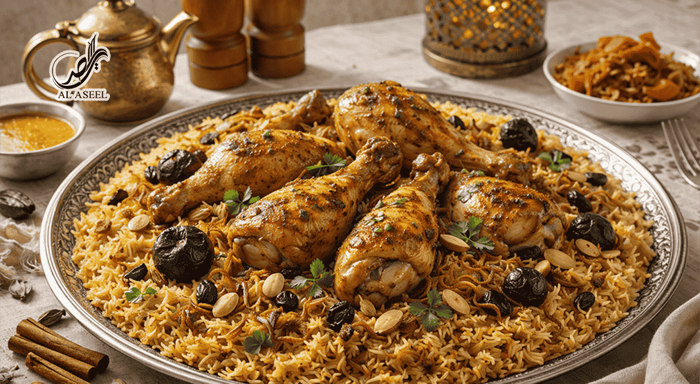مچبوس مرغ کویتی با برنج زعفرانی و مرغ ادویه‌دار