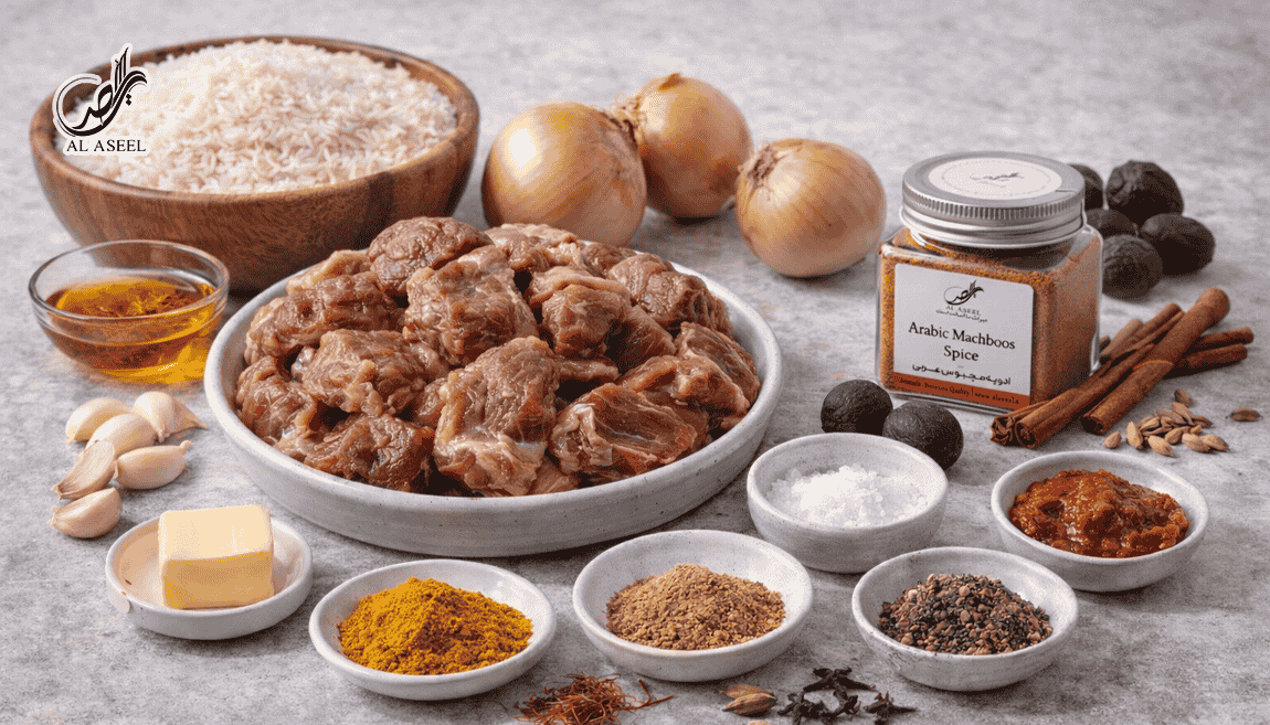 مواد لازم مجبوس گوشت عربی شامل برنج باسماتی، گوشت قرمز، پیاز و ادویه پلویی مچبوس عربی