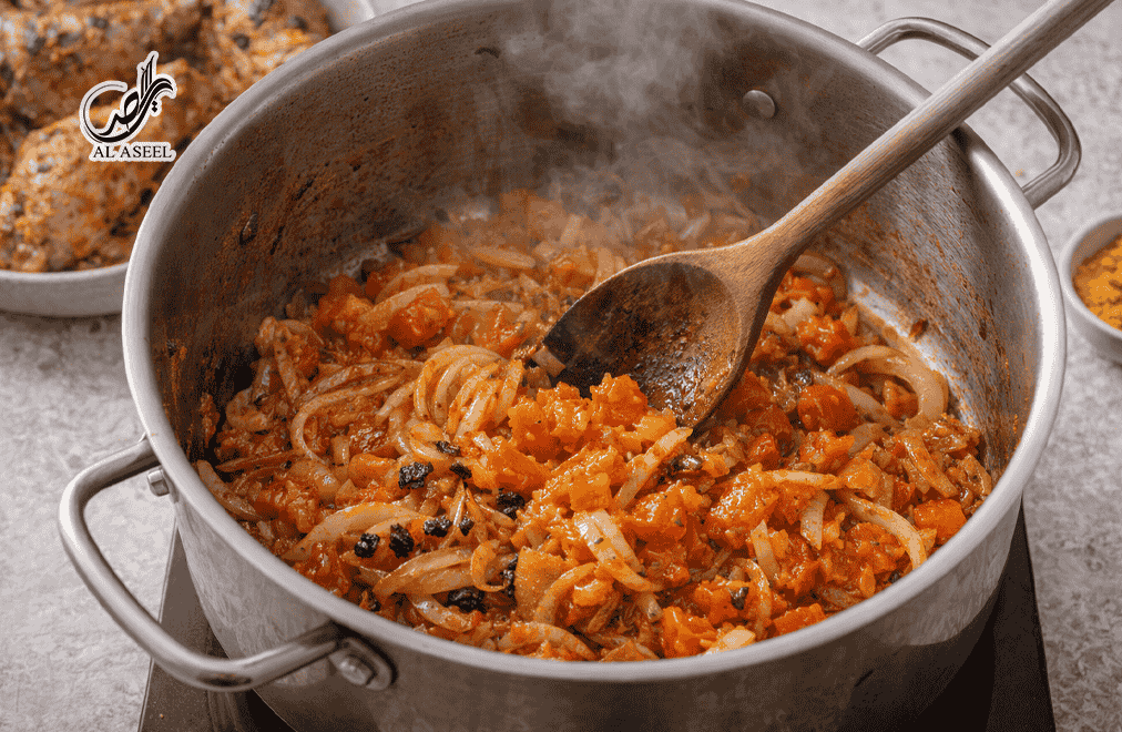 تف دادن پیاز و گوجه برای تهیه مچبوس مرغ کویتی