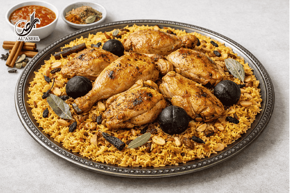 مچبوس مرغ کویتی با برنج زعفرانی و مرغ ادویه‌دار