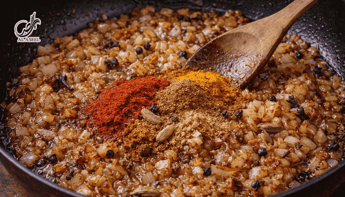 تف دادن پیاز در روغن به همراه ادویه جات