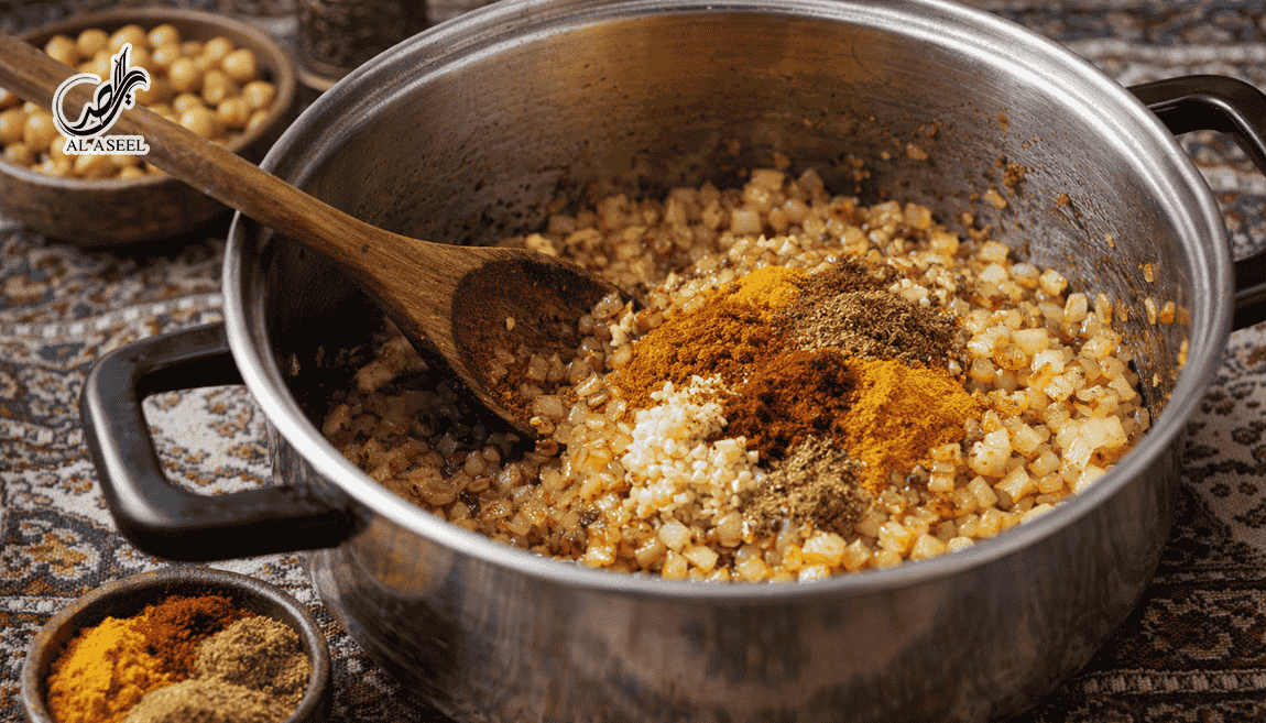 تفت دادن پیاز و ادویه‌ها برای مچبوس (مجبوس) بحرینی