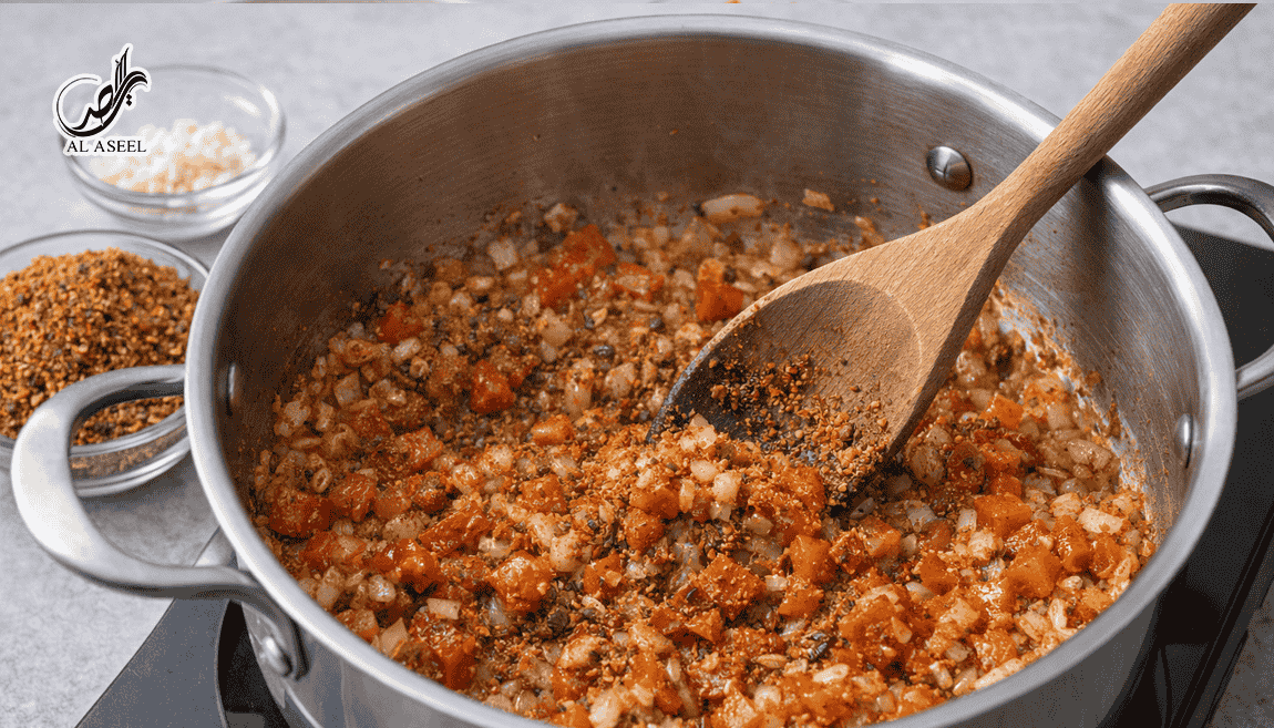 تفت دادن پیاز و ادویه‌ها برای مچبوس مرغ جنوبی