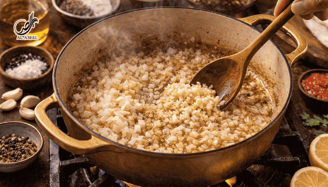 تفت دادن پیاز و سیر برای تهیه مچبوس لحم كويتی