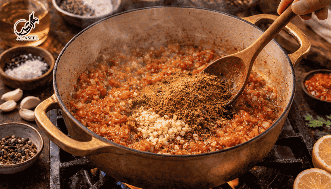 افزودن گوجه فرنگی و ادویه‌ها برای تهیه مچبوس لحم كويتی