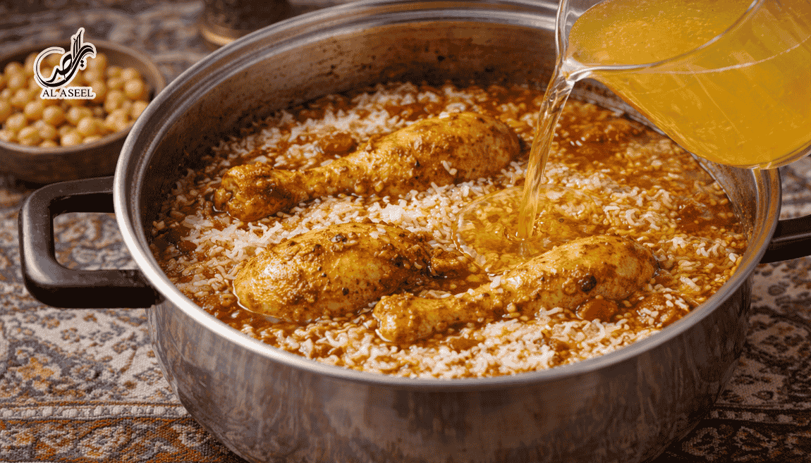 اضافه کردن برنج و آب مرغ به قابلمه مچبوس (مجبوس) بحرینی