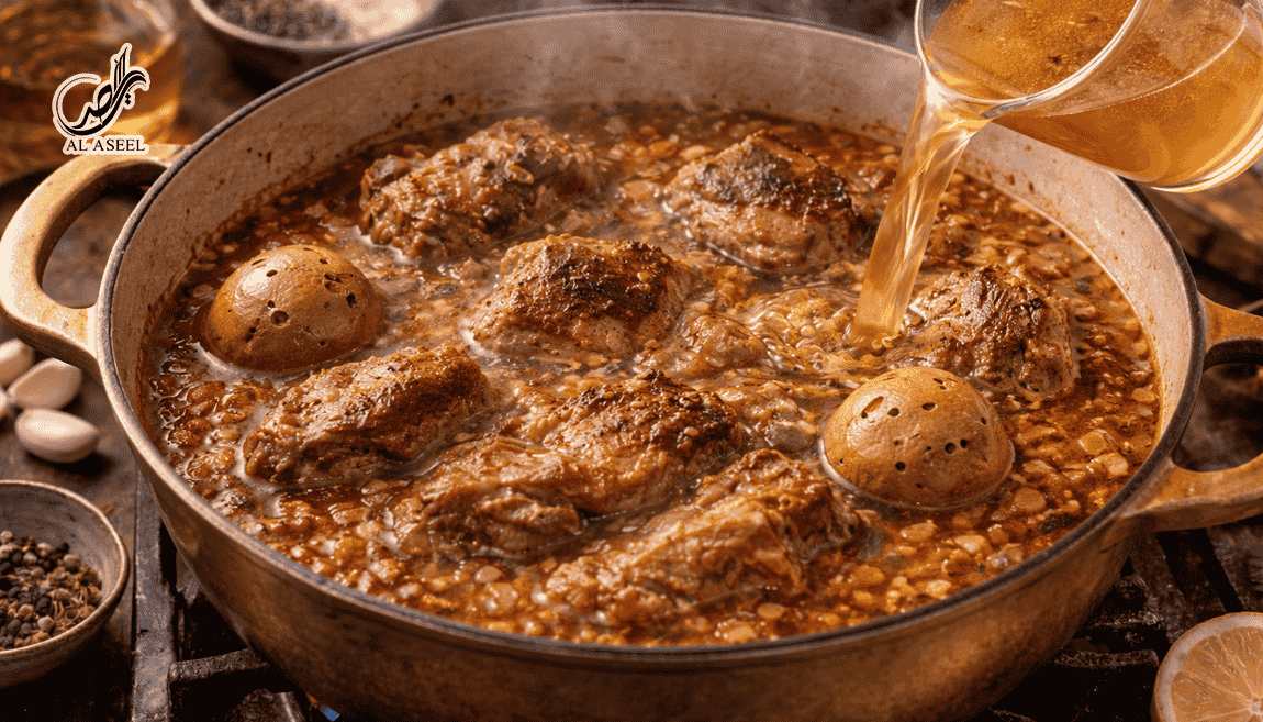 اضافه کردن آب و لیمو برای تهیه مچبوس لحم كويتی